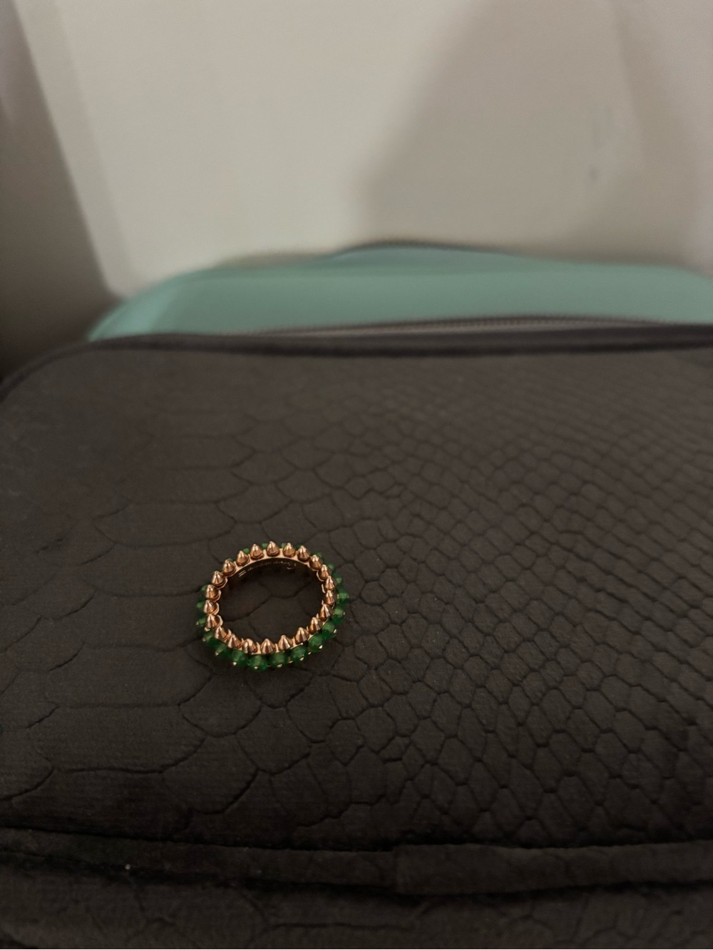 Gold Ring with Green Beaded Accents - Women's Fashion Band